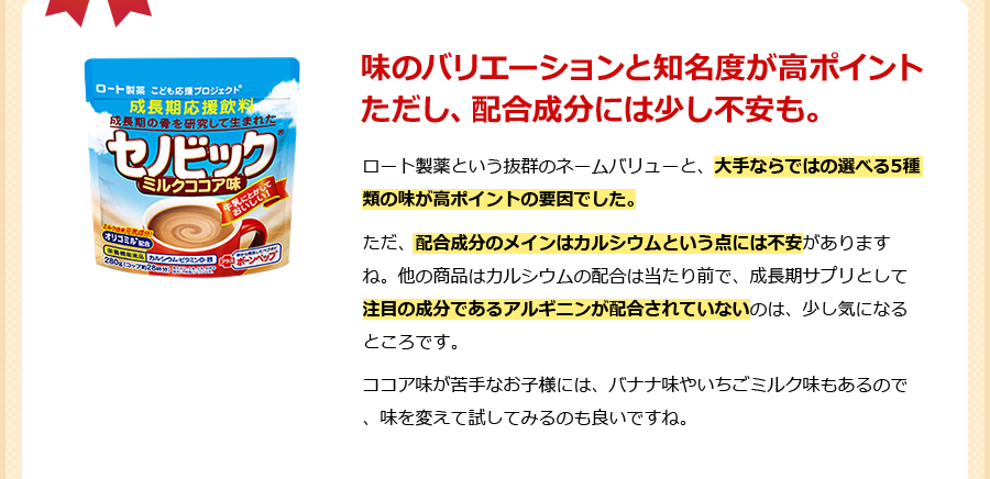 味のバリエーションと知名度が高ポイント ただし、配合成分には少し不安も。